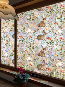 Rainbow window film suncatcher static glass sticker with cute rabbit and mushroom pattern.
