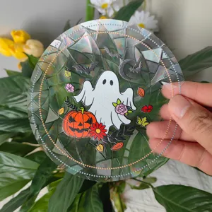 Αυτοκόλλητο παραθύρου ολογραφικό Halloween με σχέδιο φάντασμα και κολοκύθα λεπτομέρεια.