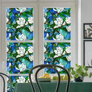 Stained glass window film with magnolia flower pattern, static privacy sticker for home decor.