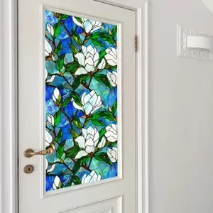 Stained glass window film with magnolia flower pattern, static window sticker for home decor.