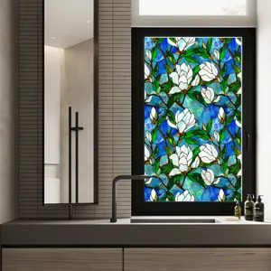 Stained glass window film magnolia flower static cling privacy home decor sticker 90x200cm