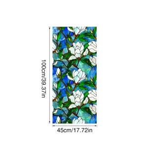 Stained glass window film with white magnolia flower pattern, privacy sticker for home decor.