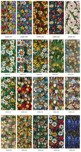 Detailed view showing multiple stained glass window film patterns with floral designs and SKU codes.