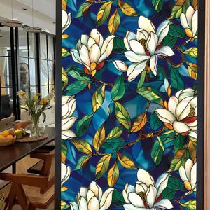 Magnolia stained glass window film decorative floral privacy sticker for home and office decor.