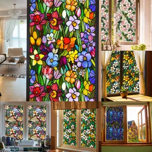 Stained Glass Static Cling Window Film Floral Pattern Colorful Decorative Privacy Window Sticker For Home Living Room Bedroom