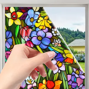 Stained glass window film with floral pattern, static cling privacy glass sticker detail