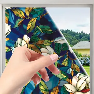 Stained glass window film with vibrant floral pattern, static cling privacy window sticker for home.