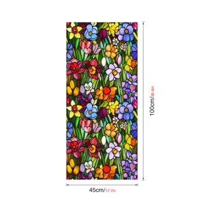 Stained glass window film with colorful floral pattern, 45x100cm static cling privacy.