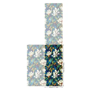 Stained glass window film with magnolia flower pattern, static cling, sun protection.