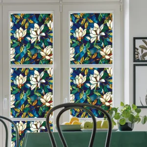 Stained glass window film floral magnolia pattern privacy static cling for home decor.