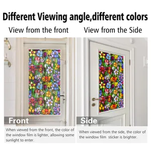Stained glass window film detail showing different viewing angles and color effects.