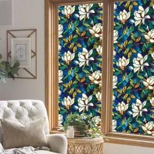 Stained glass window film with colorful magnolia flowers, static cling sun protection.