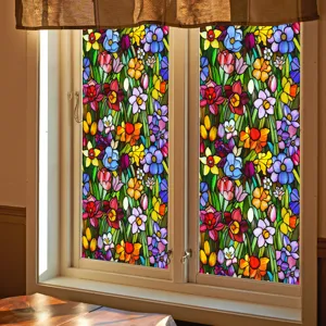 Stained glass window film with colorful floral pattern, static window sticker for home decor.