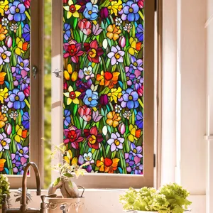 Stained glass window film with colorful floral pattern, static cling, privacy glass sticker.