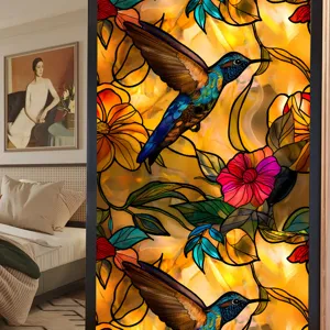 Stained glass window film hummingbird floral static cling privacy sunscreen decorative glass sticker