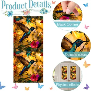 Detailed view of stained glass window film featuring colorful hummingbird and floral patterns.