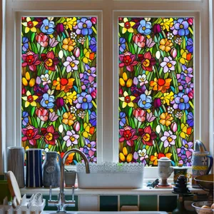 Stained glass window film floral decorative static cling window sticker for home kitchen glass.
