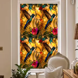 Stained glass window film with colorful flowers and hummingbirds, static cling privacy decal.