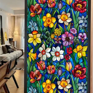 Detailed view of colorful floral stained glass window film, elegant floral pattern for home decor.