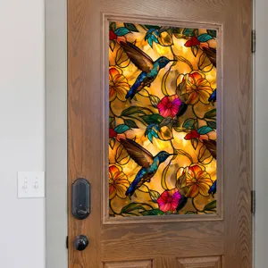 Stained glass window film with hummingbird and flowers design, static cling privacy door sticker.