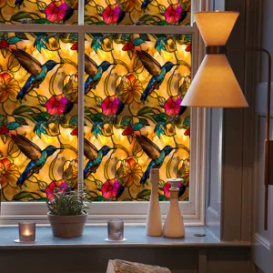 Stained glass window film with hummingbird and floral pattern, privacy sun blocking sticker.