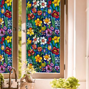 Stained glass window film with colorful floral pattern, static cling privacy sticker for home.