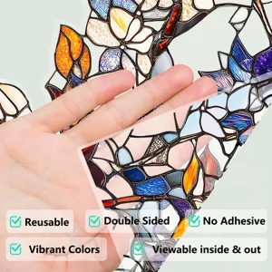 Static stained glass window film detail showing vibrant colors and reusable decorative design.