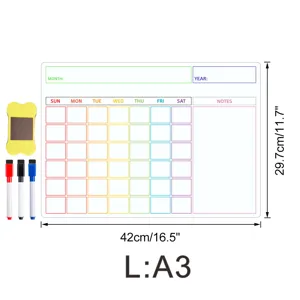 Magnetischer Monatskalender Whiteboard Detail mit Rasterlayout, Abmessungen und Stiften.