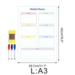 Magnetischer Wochenplaner Whiteboard für Kühlschrank, A3 Größe mit 3 Markern und Radierer.