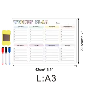 Magnetischer Wochenplaner Whiteboard A3 Größe für Kühlschrank Notizen mit Stiften und Wischer.