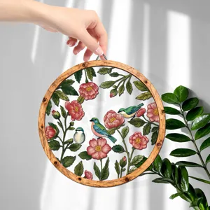 Wooden wall hanging decor with floral and bird pattern, round wood frame for home wall art.