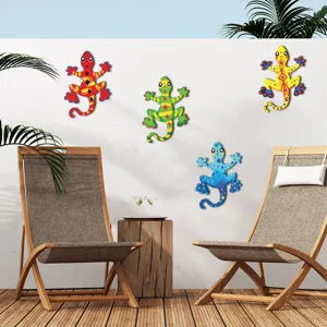 Detailed view of colorful metal gecko wall art set, perfect for outdoor garden and patio decor.