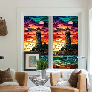 Stained glass window film detail showing vibrant sunset lighthouse scene in modern cozy living room interior setup.