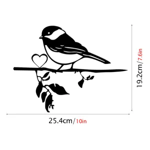 Detailed view of the metal bird on tree branch garden stake with clear dimension measurements.