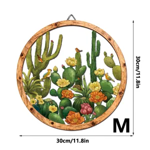 Wooden metal wall hanging cactus bird decor 30cm M size round botanical art wall art panel