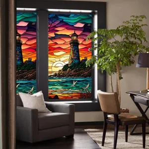 Stained glass window film with sunset lighthouse design, static cling PVC privacy sticker.