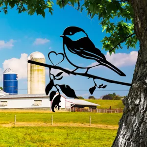 Metal bird tree silhouette stake, outdoor garden art decoration, durable yard metal ornament.