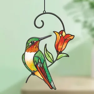 Stained glass hummingbird window hanging, vibrant floral art piece for home decor details.