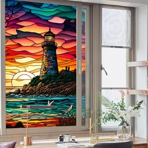 Stained glass window film sunset lighthouse design static cling PVC decorative privacy sticker