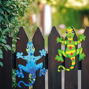 Metal gecko wall art detail, colorful lizard sculpture for outdoor garden fence decoration.