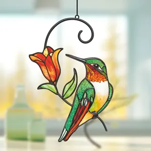 Stained glass hummingbird hanging ornament, metal frame double-sided window decor.