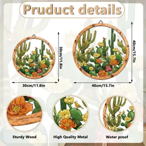 Round wooden and metal wall art decor featuring cactus and floral design for home interior.