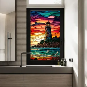 Stained glass window film sunset lighthouse static cling waterproof decorative privacy film