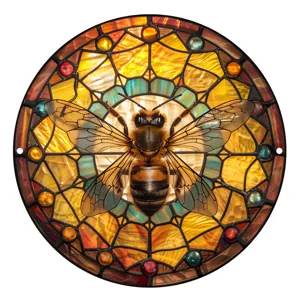 Primer plano detallado de la bonita placa colgante de metal con abeja estilo vidriera.