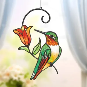 Stained glass hummingbird hanging ornament, colorful floral window decor, detailed metal art.