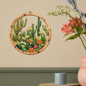 Wooden metal wall art detail, exquisite cactus and flower floral hanging decor for home.