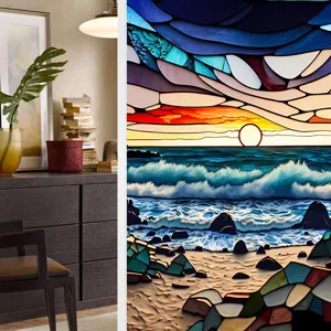 Stained glass window film ocean sunset design static cling PVC privacy decorative sticker