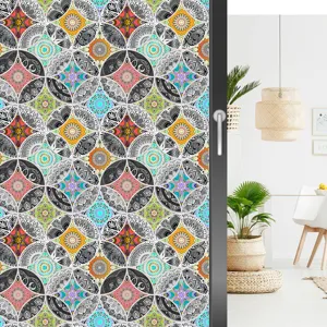 PVC kleurrijke retro mandala elektrostatische raamfolie, lijmloze verwijderbare matglas sticker.