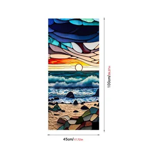 Stained glass window film sunset ocean wave pattern detail view for home glass decoration.