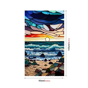 Sunset ocean stained glass window film, PVC static cling removable decorative window sticker.